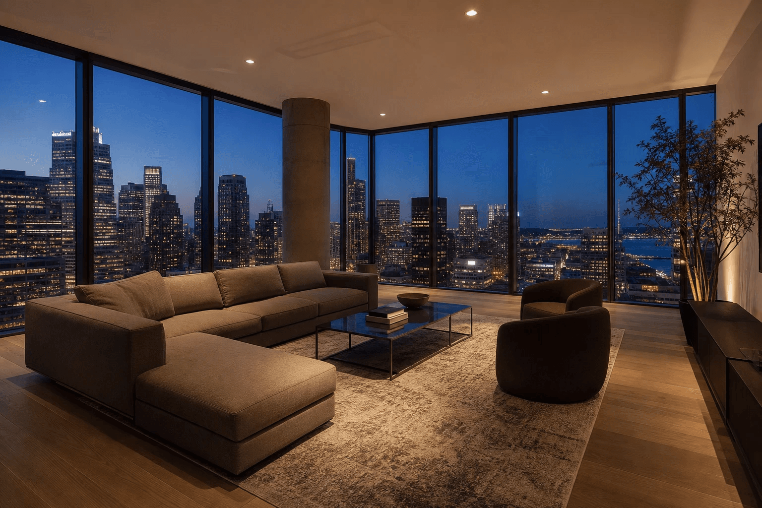 Modern residential interior with smart film glass walls at dusk